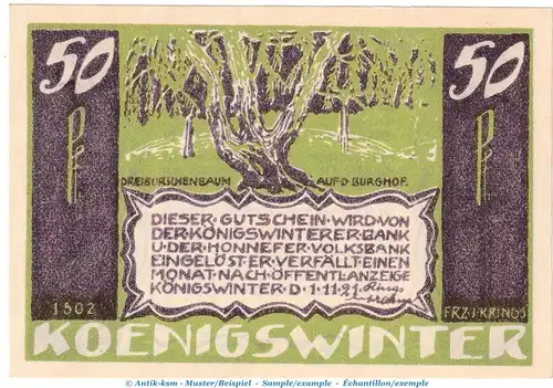 Notgeld Bank Königswinter 730.1 , 50 Pfennig Nr.7 --1502-- in kfr. von 1921 , Westfalen Seriennotgeld