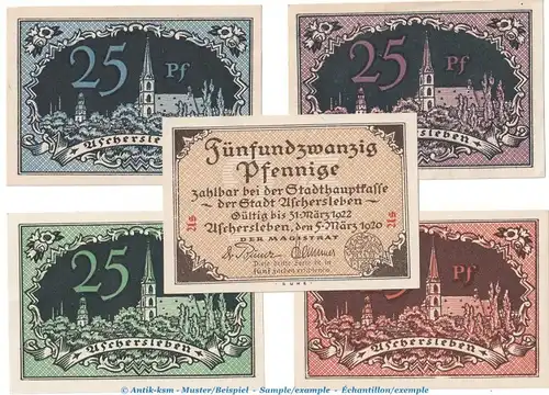 Notgeld Aschersleben 50.1 , Set mit 5 x 25 Pfennig in kfr. von 1920 , Sachsen Anhalt Seriennotgeld