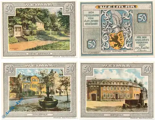 Notgeld Weimar , L. Riecke , Set mit 4 Scheinen , Mehl Grabowski 1396.1 , von 1921 , Thüringen Serien Notgeld