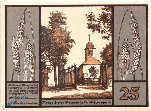 Notgeld Schloßvippach 1183.1 , 25 Pfennig Schein in kfr. von 1921 , Thüringen Seriennotgeld