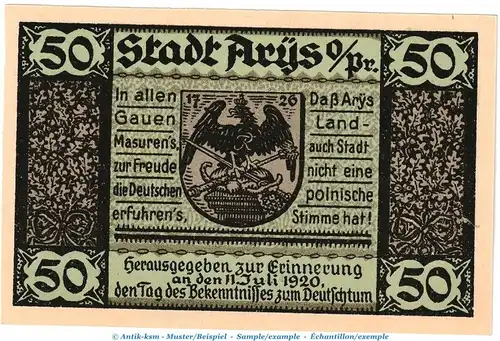 Notgeld Stadt Arys 47.1 , 50 Pfennig Schein in kfr. von 1921 , Ostpreussen Seriennotgeld
