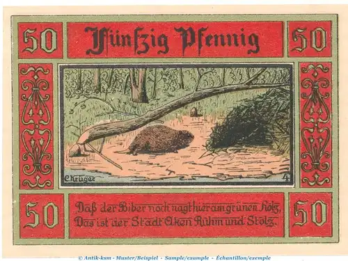 Notgeld Stadt Aken 8.3 , 50 Pfennig -WZ- Nr.4 in kfr. von 1921 , Sachsen Anhalt Seriennotgeld