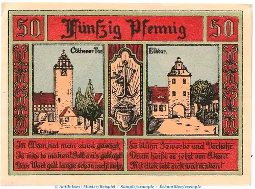 Notgeld Stadt Aken 8.3 , 50 Pfennig -WZ- Nr.1 in kfr. von 1921 , Sachsen Anhalt Seriennotgeld