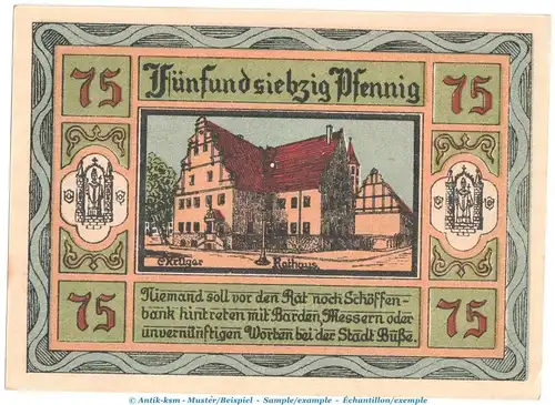 Notgeld Stadt Aken 8.3 , 75 Pfennig -WZ- Schein in kfr. von 1921 , Sachsen Anhalt Seriennotgeld