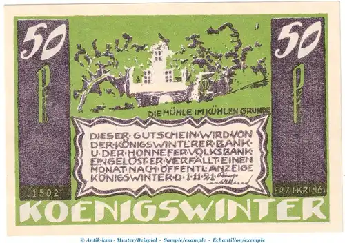 Notgeld Bank Königswinter 730.1 , 50 Pfennig Nr.6 -Serie 1502- in kfr. von 1921 , Westfalen Seriennotgeld