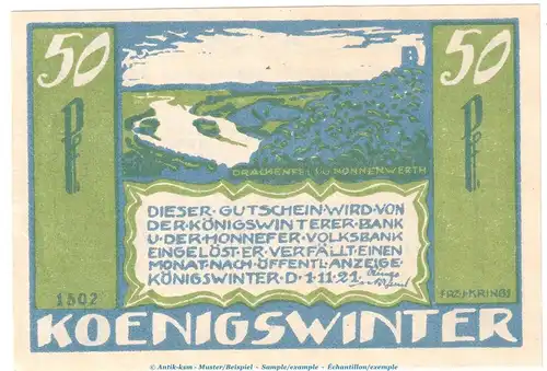 Notgeld Bank Königswinter 730.1 , 50 Pfennig Nr.1 -Serie 1502- in kfr. von 1921 , Westfalen Seriennotgeld