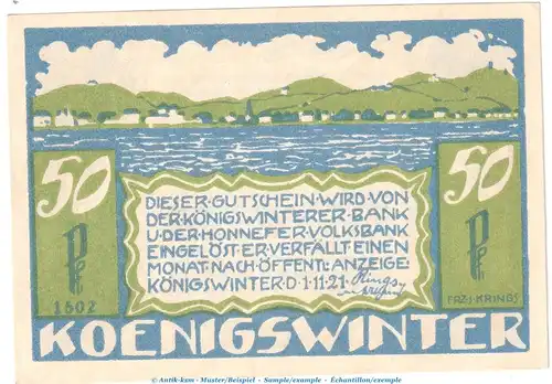 Notgeld Bank Königswinter 730.1 , 50 Pfennig Nr.4 -Serie 1502- in kfr. von 1921 , Westfalen Seriennotgeld