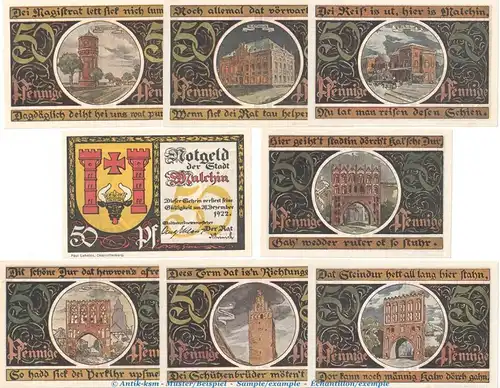 Notgeld Stadt Malchin 862.2-3 , Set mit 8 Scheinen in kfr. o.D. Mecklenburg Vorpommern Seriennotgeld