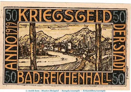 Notgeld Bad Reichenhall , 50 Pfennig Schein in kfr. Tieste 5990.20.05 von 1919 , Bayern Verkehrsausgabe