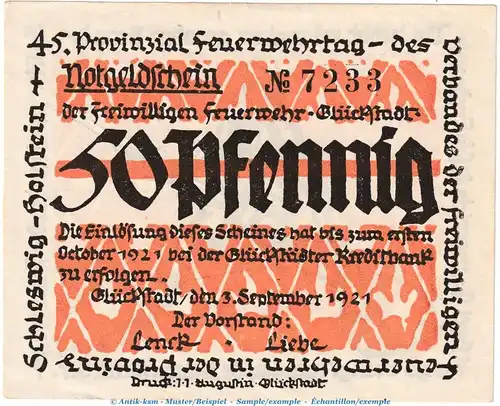 Glückstadt Notgeld 442.1.a , 50 Pfennig Schein in kfr. von 1921 , Schleswig Holstein Seriennotgeld