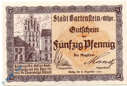 Notgeld Bartenstein , 50 Pfennig Schein , Tieste 0340.05.05 , Ostpreussen Verkehrsausgabe