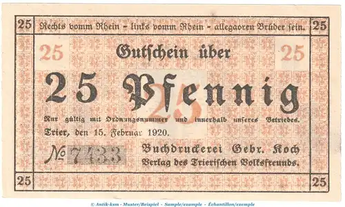 Trier Notgeld 1342.2 Gebr. Koch , 25 Pfennig Schein in kfr. von 1920 , Rheinland Seriennotgeld