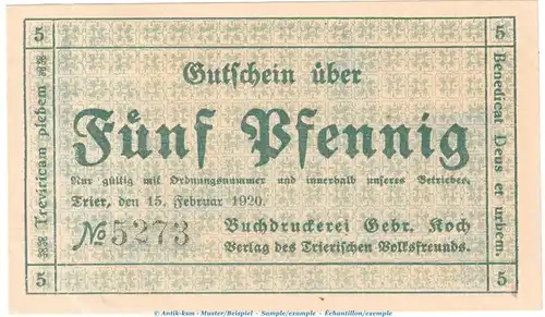 Trier Notgeld 1342.2 Gebr. Koch , 5 Pfennig Schein in kfr. von 1920 , Rheinland Seriennotgeld