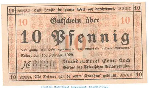 Trier Notgeld 1342.2 Gebr. Koch , 10 Pfennig Schein in kfr. von 1920 , Rheinland Seriennotgeld