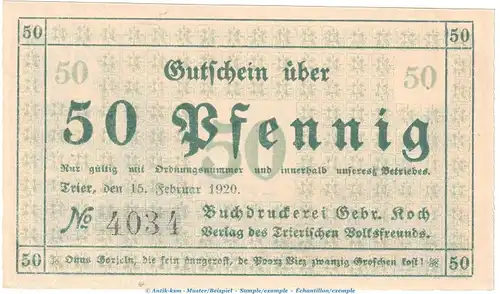 Trier Notgeld 1342.2 Gebr. Koch , 50 Pfennig Schein in kfr. von 1920 , Rheinland Seriennotgeld