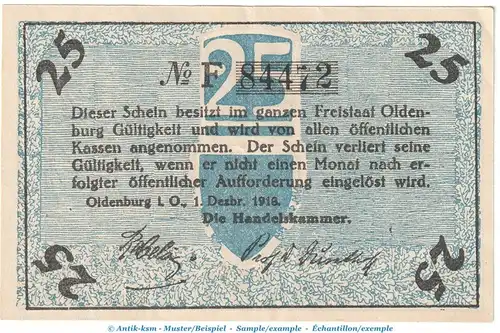 Oldenburg Notgeld , 25 Pfennig Schein in kfr. Tieste 5370.05.11 von 1918 , Niedersachsen Verkehrsausgabe