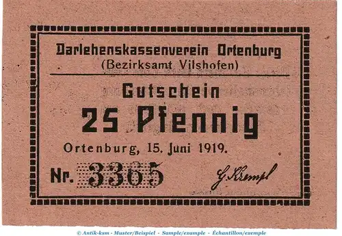 Ortenburg Notgeld , 25 Pfennig -braun- in kfr. Tieste 5420.05.01 von 1919 , Bayern Verkehrsausgabe