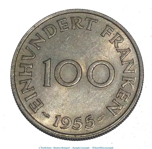 Saarland , 100 Franken Münze von 1955 , ss. - vz. Jäger 935 , Saarland