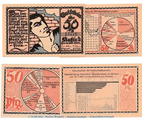 Notgeld Stadt Kahla 668.7 , 4 x 50 Pfennig Statistik Serie in kfr. von 1921 , Thüringen Seriennotgeld