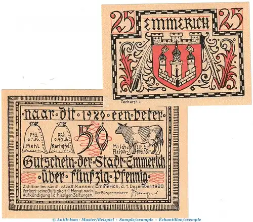 Emmerich Notgeld , Tieste 1710.05.20-21 , Set mit 2 Scheinen in kfr. von 1920 , Rheinland Verkehrsausgabe