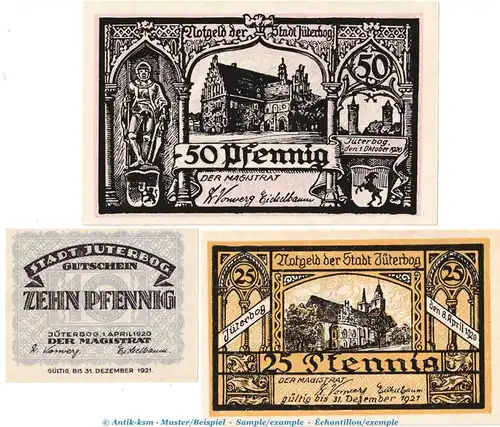 Jüterbog Notgeld , Tieste 3300.05.20-30 , Set mit 3 Scheinen in kfr. von 1920 , Brandenburg Verkehrsausgabe