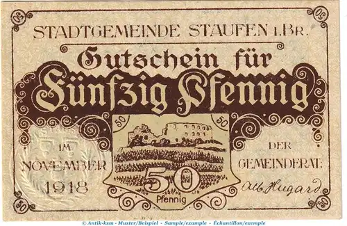 Staufen , Tieste 7095.05.01 Notgeld 50 Pfennig Schein in kfr. von 1918 , Baden Verkehrsausgabe