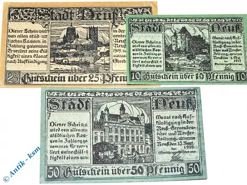 Notgeld Neuss , 2 Sets mit 3 Scheinen , Tieste 4935.05.20 bis 25 , von 1919 , Rheinland Verkehrsausgabe
