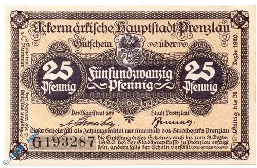 Prenzlau Tieste 5755.10.35 , Notgeld 25 Pfennig Schein G in kfr. o.D. Brandenburg Verkehrsausgabe