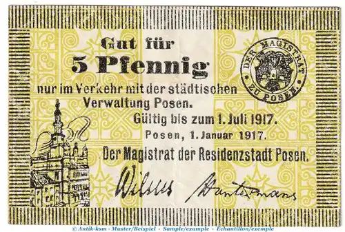 Posen , Tieste 5715.50.06 Notgeld 5 Pfennig Schein in gbr. von 1917 , Posen Verkehrsausgabe