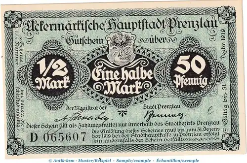 Prenzlau Tieste 5755.10.21 , Notgeld 1 halbe Mark Schein D in kfr. o.D. Brandenburg Verkehrsausgabe