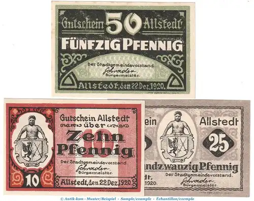 Allstedt Notgeld , Tieste 0050.05.10-12 Set mit 3 Scheinen in kfr. von 1920 , Sachsen Anhalt Verkehrsausgabe