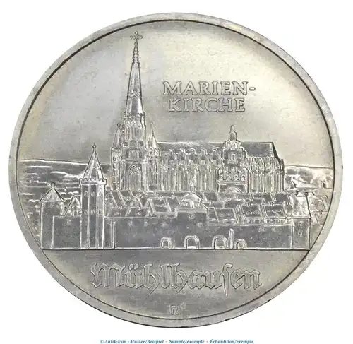 Kursmünze DDR , 5 Mark Münze -Marienkirche Mühlhausen- von 1989 , bfr. vz. , Jäger 842 , Staatsbank DDR