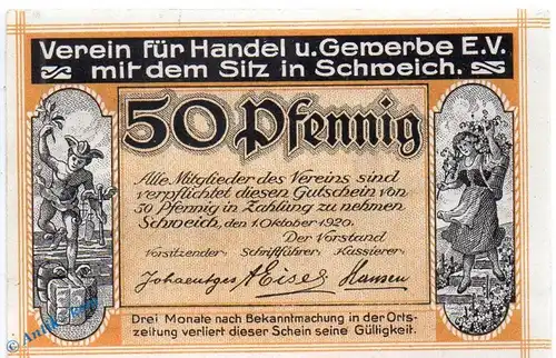 Notgeld Schweich , 50 Pfennig Schein in kfr. Mehl Grabowski 1209.2-3 , von 1920 , Rheinland Pfalz Seriennotgeld