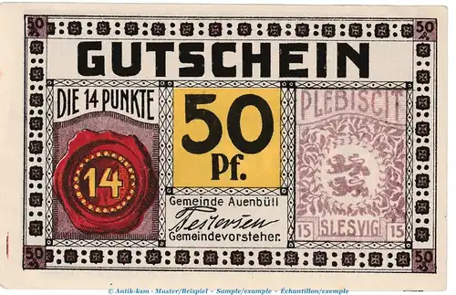 Auenbüll M-G 52.2 , Notgeld 50 Pfennig Schein in kfr. o.D. dänisch Nordschleswig Seriennotgeld