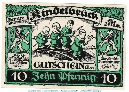 Kindelbrück M-G 730.1 , Notgeld 10 Pfennig Nr.1 in kfr. von 1920 , Thüringen Seriennotgeld