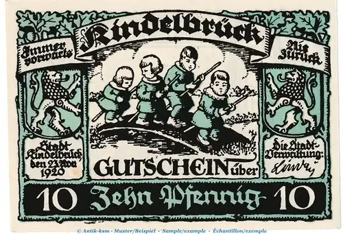 Kindelbrück M-G 730.1 , Notgeld 10 Pfennig Nr.2 in kfr. von 1920 , Thüringen Seriennotgeld