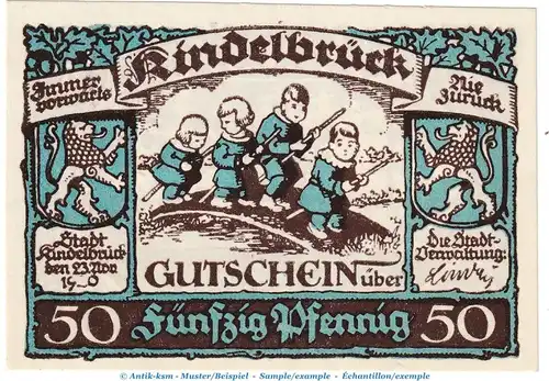 Kindelbrück M-G 730.1 , Notgeld 50 Pfennig Nr.1 in kfr. von 1920 , Thüringen Seriennotgeld