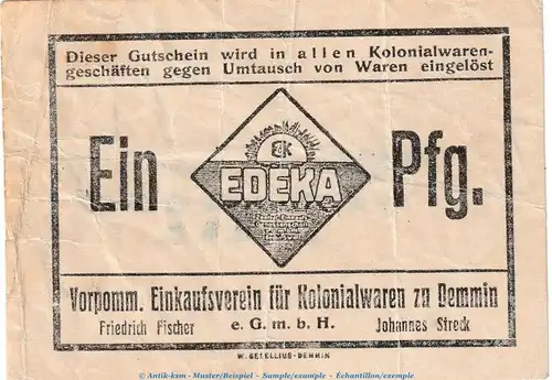Demmin Tieste 1335.15.20 , Notgeld Einkaufsverein 1 Pfennig Schein in gbr. o.D. Pommern Verkehrsausgabe