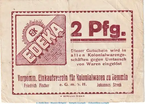 Demmin Tieste 1335.15.21 , Notgeld Einkaufsverein 2 Pfennig Schein in gbr. o.D. Pommern Verkehrsausgabe