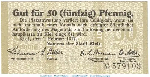 Kiel Tieste 3470.40.05 , Notgeld 50 Pfennig Schein in kfr. von 1917 , Schleswig Holstein Verkehrsausgabe