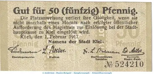 Kiel Tieste 3470.40.05 , Notgeld 50 Pfennig Schein in gbr. von 1917 , Schleswig Holstein Verkehrsausgabe