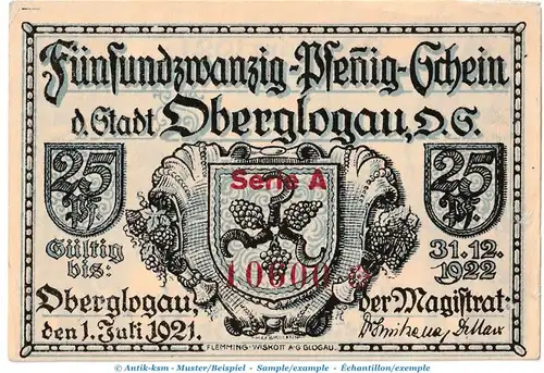 Oberglogau M-G 994.1.a , Notgeld 25 Pf. --KN und Serie-- in kfr. von 1921 , Oberschlesien Seriennotgeld