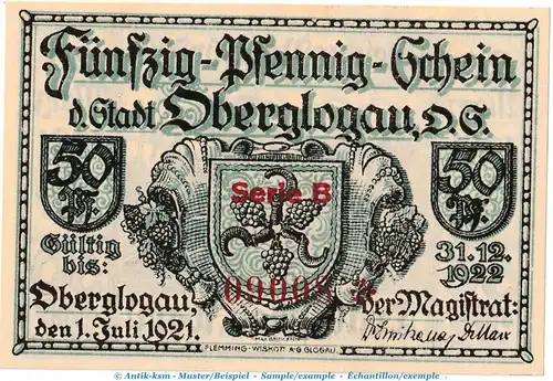 Oberglogau M-G 994.1.a , Notgeld 50 Pf. --KN und Serie-- in f-kfr. von 1921 , Oberschlesien Seriennotgeld