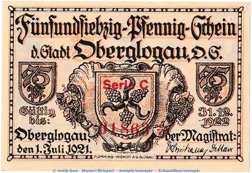 Oberglogau M-G 994.1.a , Notgeld 75 Pf. --KN und Serie-- in f-kfr. von 1921 , Oberschlesien Seriennotgeld