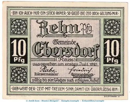 Ebersdorf M-G 302.1 , Notgeld 10 Pfennig Schein in kfr. von 1921 , Thüringen Seriennotgeld