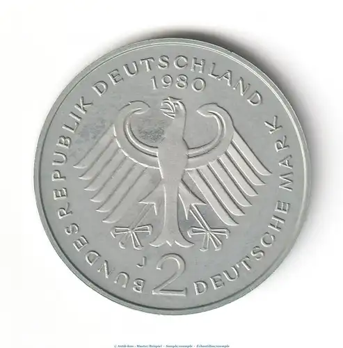 Kursmünze Deutschland , 2 Mark Münze -Theodor Heuss- 1980 J , stgl , J.407 Bundesrepublik