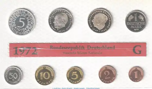 Kursmünzensatz Deutschland -KMS mit 9 Münzen Karlsruhe- 1972 G , pp , J.180 Bundesrepublik