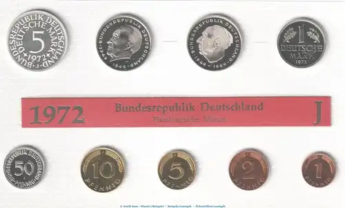 Kursmünzensatz Deutschland -KMS mit 9 Münzen Hamburg- 1972 J , pp , J.180 Bundesrepublik