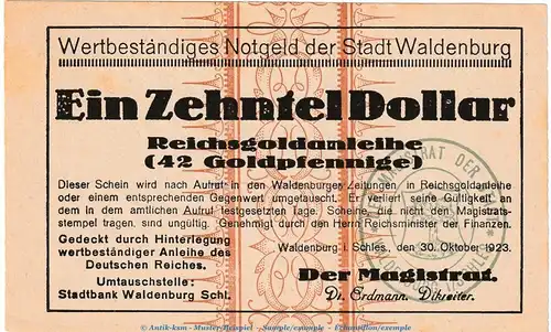 Waldenburg , 42 Pfennig Gold Notgeld Schein in kfr. Müller 5015.3 von 1923 , Schlesien Wertbeständig