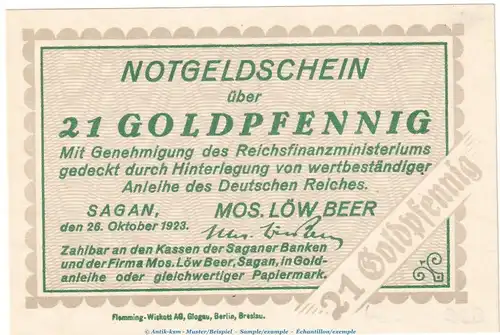 Sagan , 21 Pfennig Gold Notgeld Schein in kfr. Müller 4260.1 von 1923 , Schlesien Wertbeständig